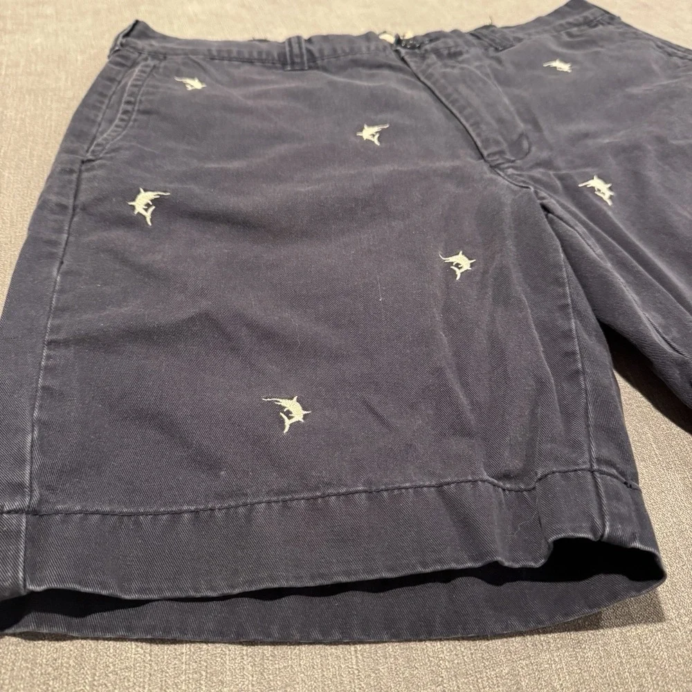 J CREW Shorts Mens 35 Navy Blue Embroidered Shark Gramercy Cotton Beach Fishing